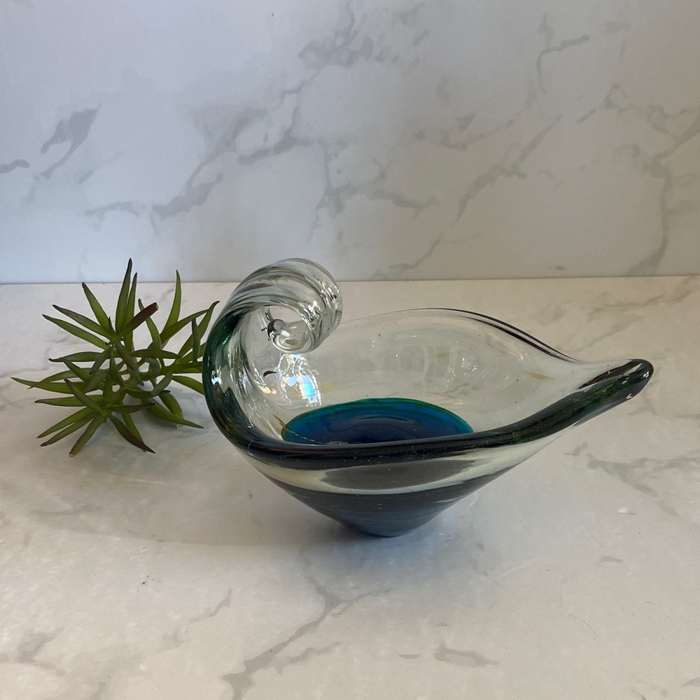Vintage Mdina Style Hand Blown Art Glass Blue Green Swirl Bowl Candle Dish MCM
